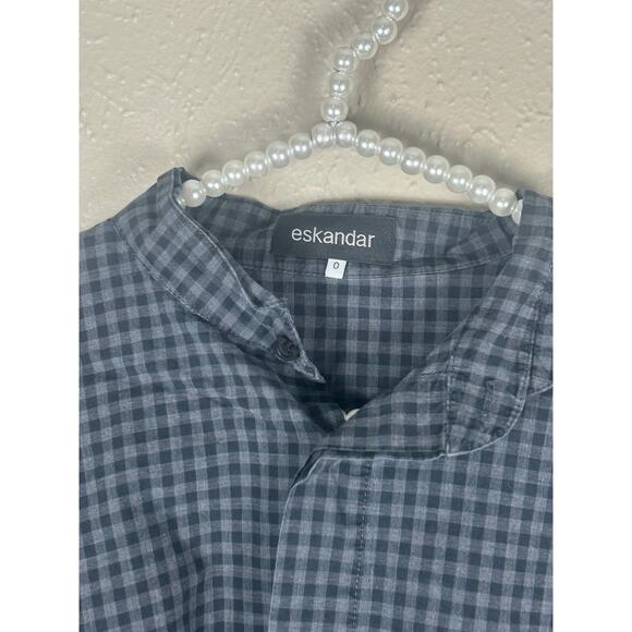 Eskandar Size 0 Top Button Down Oversized Lagenlook Gray Gingham Cotton Shirt - Picture 5 of 12
